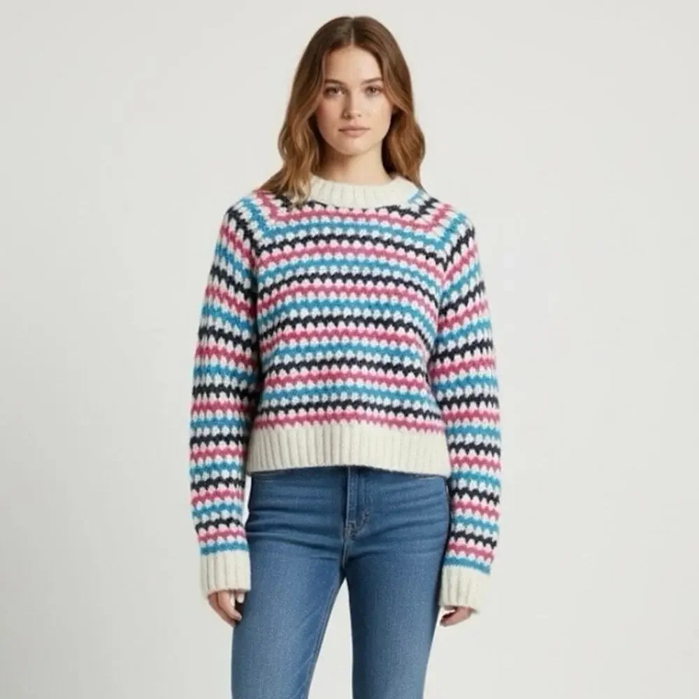Zara NWT Chunky White Blue Pink Striped Knit Crewneck Pullover Sweater Medium - Picture 16 of 16
